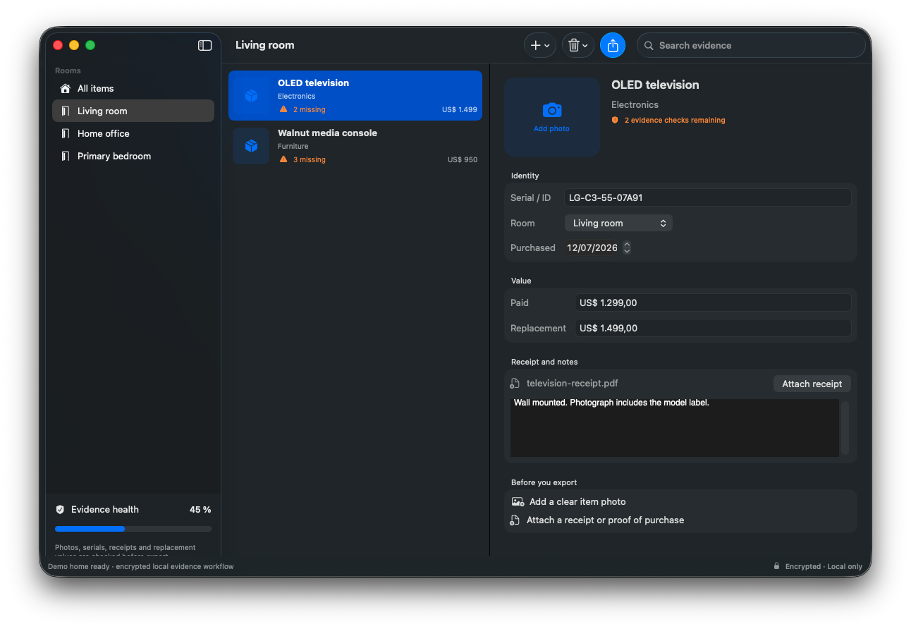 HomeProof running on macOS with room inventory, evidence checks, values and receipt details